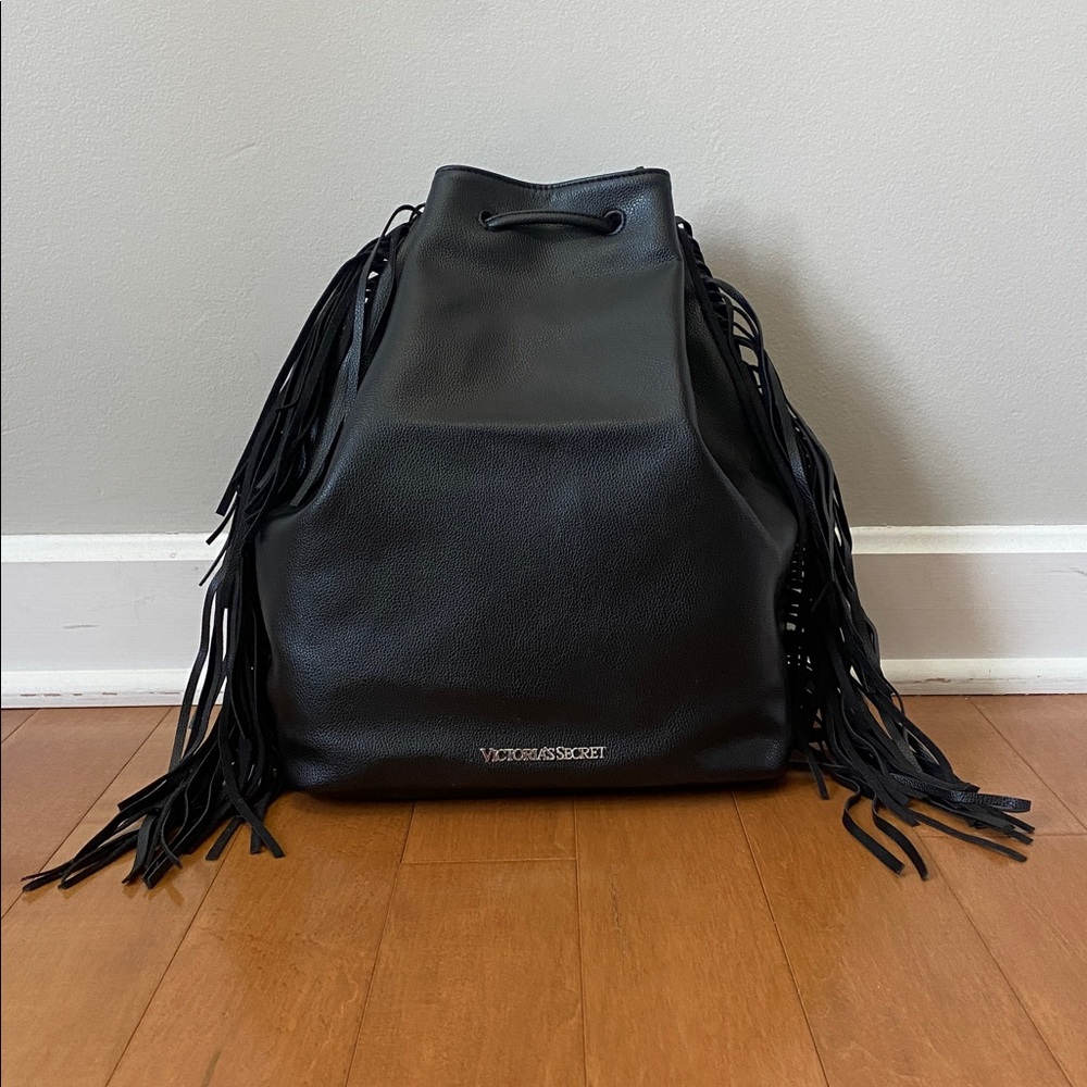 Victoria Secret Black FAUX Leather Fringe Drawstring Backpack bag